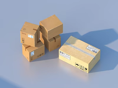 Household Items Storage In Stacked Cardboard Boxes With Shipping Labels 3d model