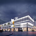 Modern Commercial Complex Featuring Glass Facade Brand Stores Night Lighting And Pedestrian Zone