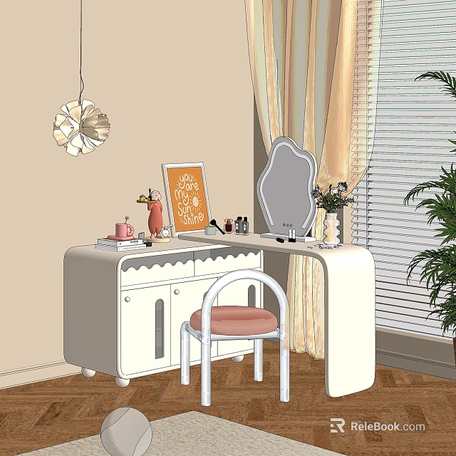 Elegant White Dressing Table With Mirror Pink Stool Cosmetics And Potted Plant Near Window 3d model 