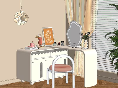 Elegant White Dressing Table With Mirror Pink Stool Cosmetics And Potted Plant Near Window 3d model