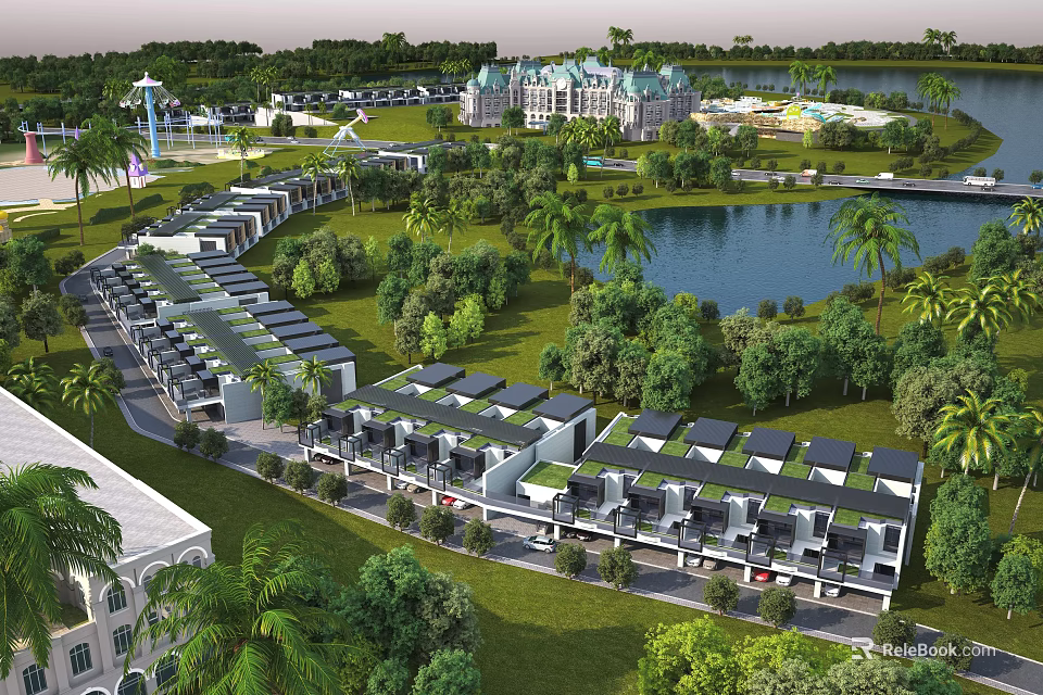 Aerial View of Residential Complex Planning With Lake Green Spaces and Palm Trees 3d model 