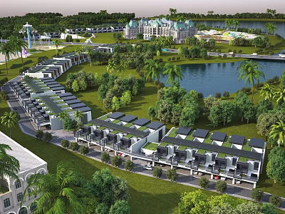 Aerial View of Residential Complex Planning With Lake Green Spaces and Palm Trees 3d model