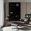 Modern Black Leather Lounge Chair With Wooden Frame Bookshelf Floor Lamp And Side Table
