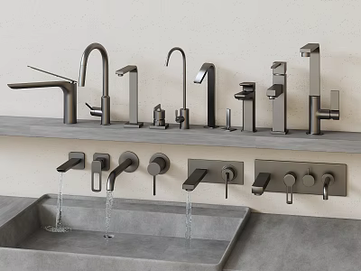 Various Modern Faucet Designs Displayed on Shelf Above Sink With Running Water 3d model