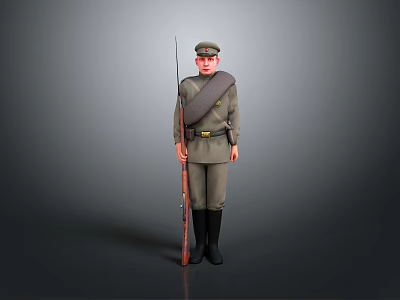 Man in Military Uniform Standing Tall with Rifle Against Grey Background 3d model