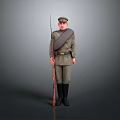 Man in Military Uniform Standing Tall with Rifle Against Grey Background