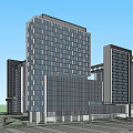 Modern High Rise Hotel Building With Glass Facade And Surrounding Plaza