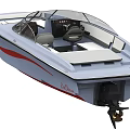 Modern Blue And Red Yacht With Transparent Windshield And Seating Area