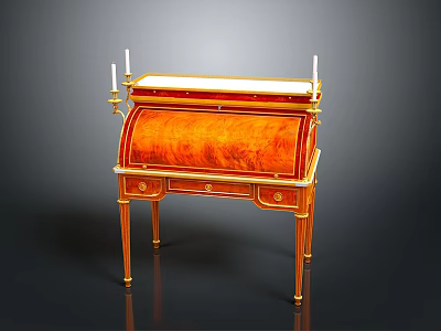 Elegant Ornate Vintage Wooden Desk With Gold Trim And Decorative Candle Holders 3d model