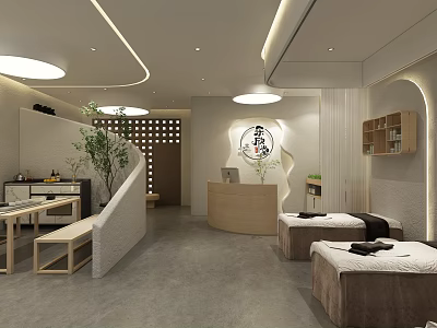 Modern SPA Sauna Interior With Reception Area Massage Beds Wooden Elements And Soft Lighting 3d model