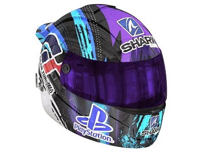 Colorful Graffiti Style Helmet with SHARK and PlayStation Logos Purple Blue Design and Tinted Visor 3d model
