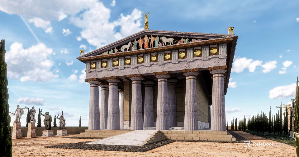 Ancient Greek Style Temple With Tall Columns And Roof Statues Under Blue Sky 3d model 