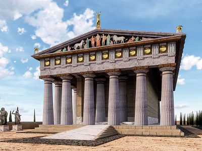 Ancient Greek Style Temple With Tall Columns And Roof Statues Under Blue Sky 3d model