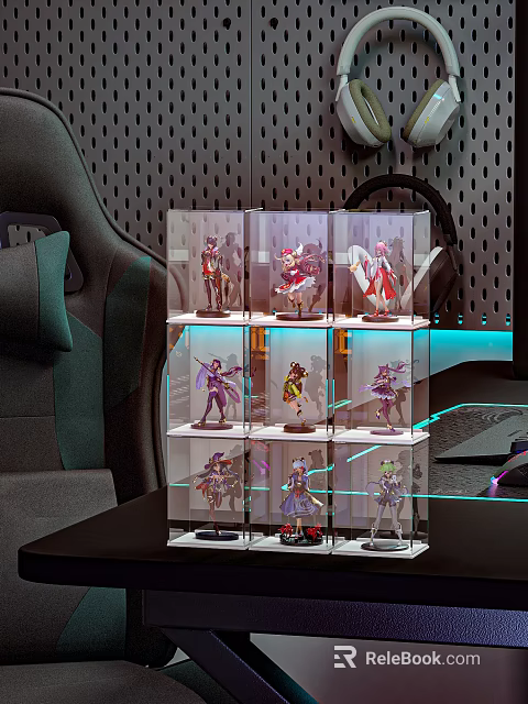 Modern Transparent Acrylic Display Case With Organized Figurine Collection On LED Lit Shelves 3d model 