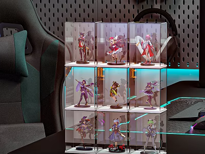 Modern Transparent Acrylic Display Case With Organized Figurine Collection On LED Lit Shelves 3d model