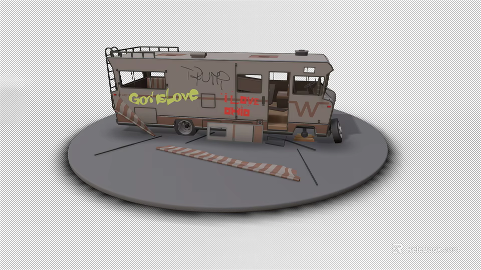 3D Model of Custom Modified Bus with GoLove Graffiti Staircase and Open Deck 3d model 
