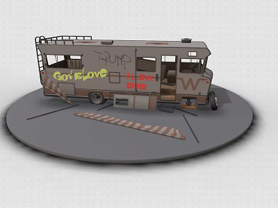 3D Model of Custom Modified Bus with GoLove Graffiti Staircase and Open Deck 3d model
