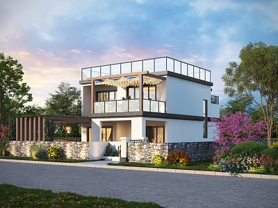 Modern Detached Villa With Balcony Stone Wall And Lush Greenery Surroundings 3d model