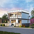 Modern Detached Villa With Balcony Stone Wall And Lush Greenery Surroundings