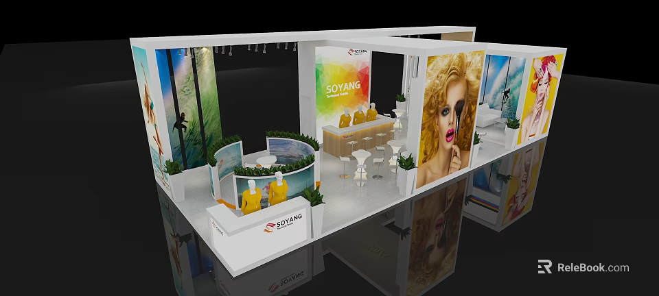 Modern Exhibition Booth With Curved Display Areas Seating Green Plants And Large Model Posters 3d model 