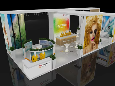 Modern Exhibition Booth With Curved Display Areas Seating Green Plants And Large Model Posters 3d model