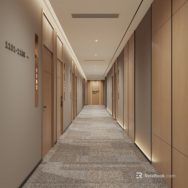 Modern Hotel Corridor Featuring Wooden Panel Walls Carpeted Floor And Recessed Lighting 3d model 