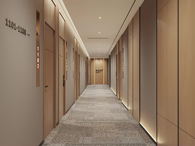 Modern Hotel Corridor Featuring Wooden Panel Walls Carpeted Floor And Recessed Lighting 3d model