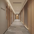Modern Hotel Corridor Featuring Wooden Panel Walls Carpeted Floor And Recessed Lighting