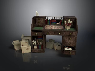 Game Movie Character's Vintage Wooden Desk With Books Cartons And Scrolls On Shelf 3d model