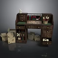 Game Movie Character's Vintage Wooden Desk With Books Cartons And Scrolls On Shelf