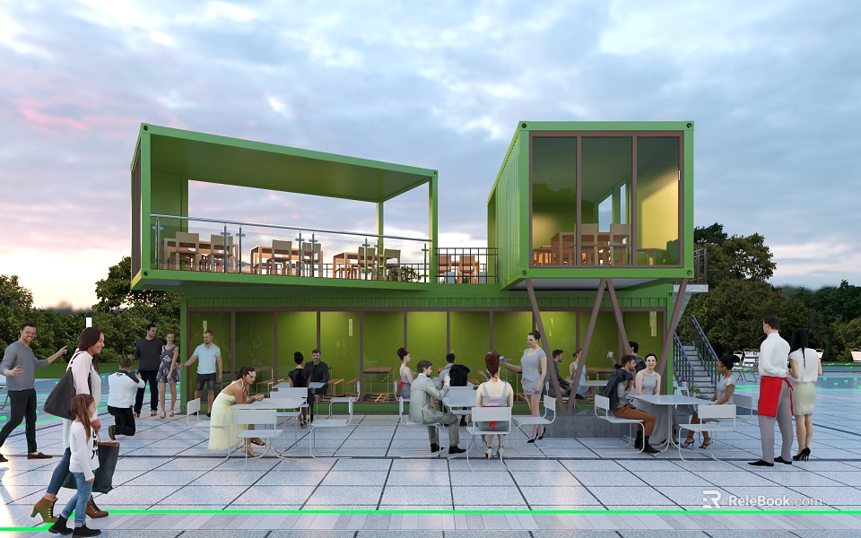 Green Modern Two Story Container Building With Outdoor Cafe Seating And People 3d model 