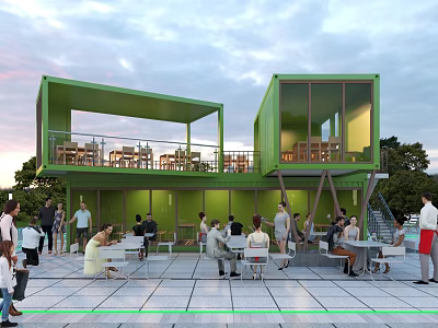Green Modern Two Story Container Building With Outdoor Cafe Seating And People 3d model