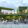 Green Modern Two Story Container Building With Outdoor Cafe Seating And People
