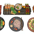 Various Chinese Dishes With Grilled Ribs Skewers Soup Roast Chicken Steak Noodles And Meat Platter