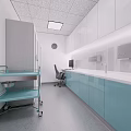 Clean Minimalist Room With White Walls Ceiling Countertop Faucet Light Blue Cabinets And Metal Cart