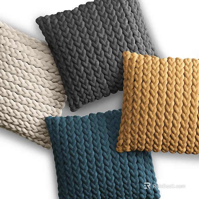 Knitted Decorative Pillows In White Gray Blue And Yellow Textured Design 3d model 