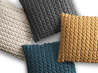 Knitted Decorative Pillows In White Gray Blue And Yellow Textured Design 3d model