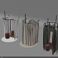 Three Circular Curtained Structures With Arched Frames And Brown Stools In Gray Background 3d model