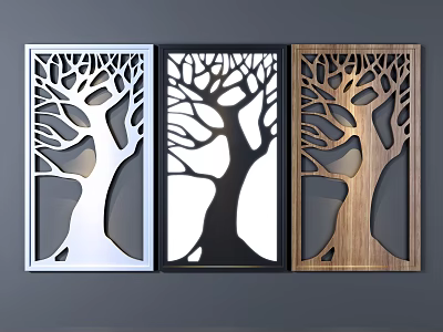 Decorative Room Dividers With Laser Cut Tree Designs In Silver Black And Wood 3d model