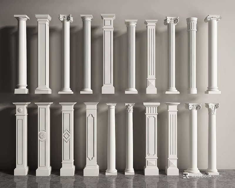 Different Types Of Decorative White Columns With Ornate Capitals And Base Details 3d model 