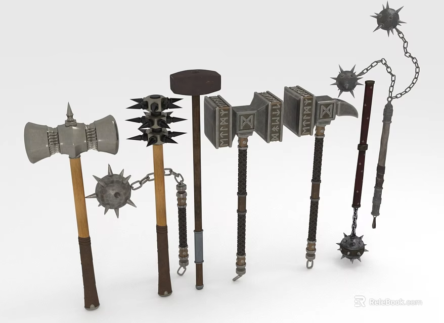 Different Animal Themed Hammers With Spiked Metal Heads And Wooden Handles 3d model 