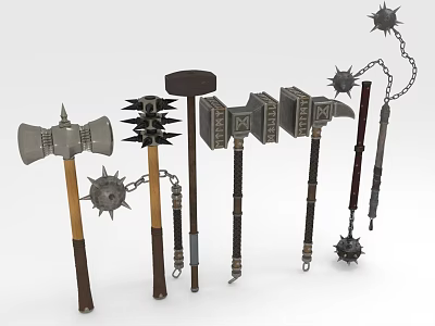 Different Animal Themed Hammers With Spiked Metal Heads And Wooden Handles 3d model