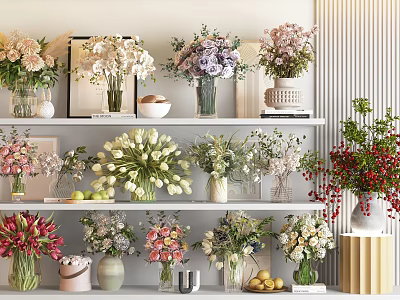 Decorative Vases With Various Fresh Flowers Displayed On Home Shelves 3d model
