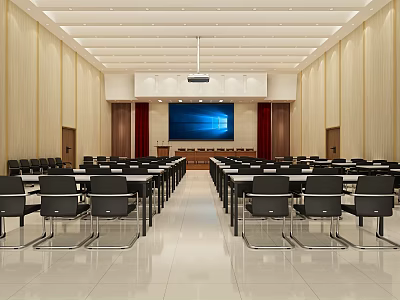 Modern Conference Room Interior With Spacious Layout Wooden Walls Large Screen And Arranged Tables 3d model