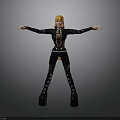 3D Character Model With Orange Hair Black Outfit Gold Accents And Arms Outstretched