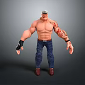Muscular Shirtless 3D Character With Bald Head Cap Arm Tattoos Blue Jeans And Brown Boots