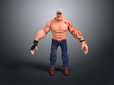 Muscular Shirtless 3D Character With Bald Head Cap Arm Tattoos Blue Jeans And Brown Boots 3d model