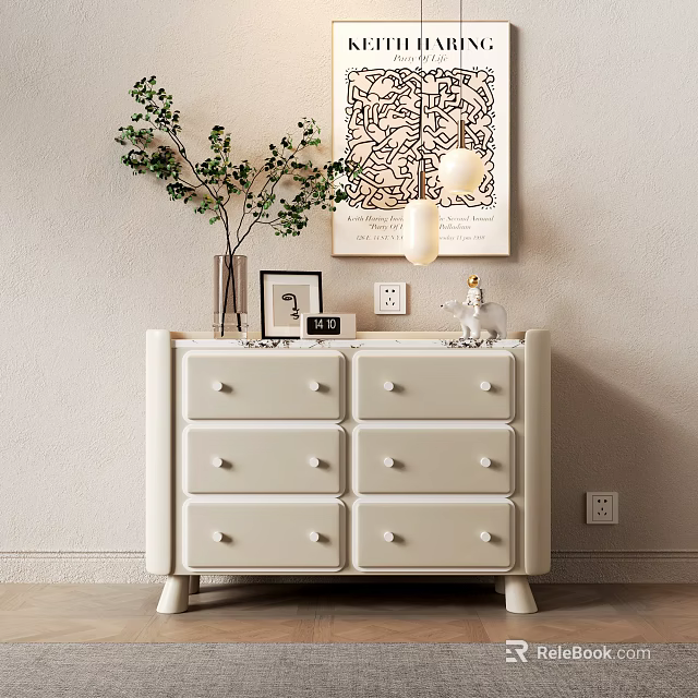 Simple Modern Cream Colored Decorative Cabinet With Drawers Green Plant Photo Frame And Pendant Light 3d model 