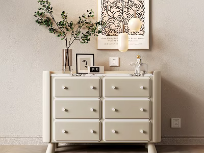 Simple Modern Cream Colored Decorative Cabinet With Drawers Green Plant Photo Frame And Pendant Light 3d model