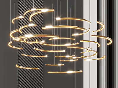 Modern Golden Curved Ring Chandelier With Multiple Hanging Illuminated Circular Rings 3d model
